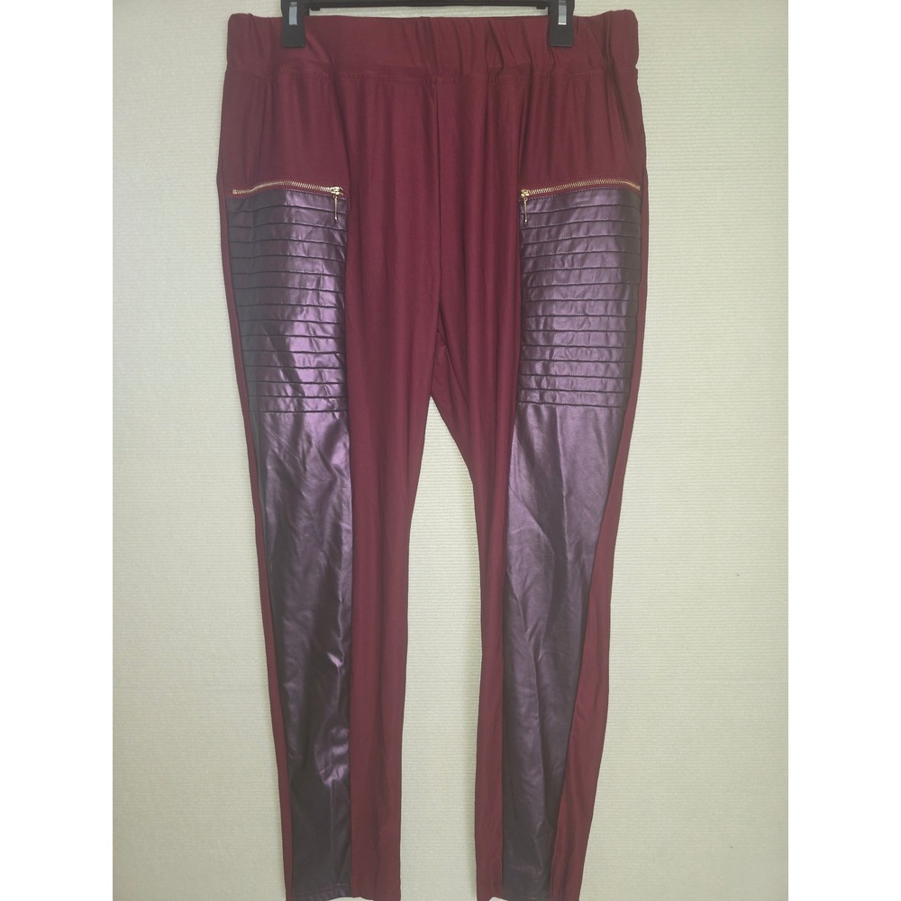 Flamingals Womens Burgundy Moto Leggings Faux Leather Quilted Panels 3XL Red